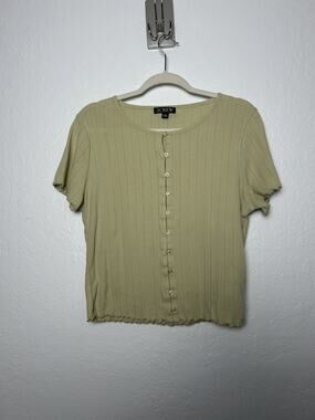 J. Crew Pointelle Short-Sleeve Knit Cardigan in Khaki Green Size Large Y2K, 90s